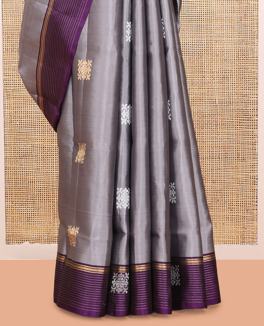 Grey Mayuri Lite Silk Mix Saree, Embellished with Zari Buttas, Complemented By Contrast Zari Striped Border, a Grand Geometric Pallu, and a Contrast Blouse
