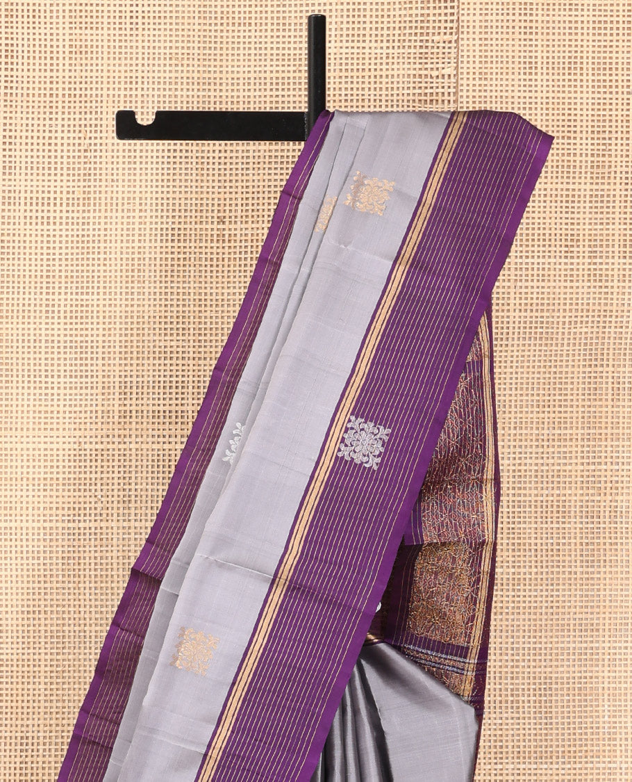 Grey Mayuri Lite Silk Mix Saree, Embellished with Zari Buttas, Complemented By Contrast Zari Striped Border, a Grand Geometric Pallu, and a Contrast Blouse
