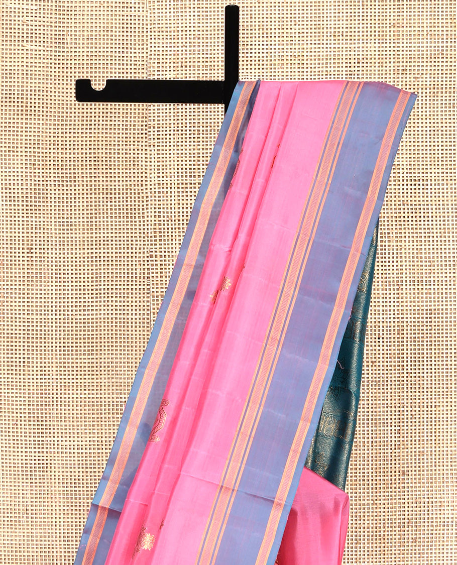 Pink Mayuri Lite Silk Mix Saree, Masterfully Woven with Zari Buttas All Over Its Body, Complemented by a Contrast Border, Pallu of Intricate Zari Designs, and Paired with a Contrast Blouse