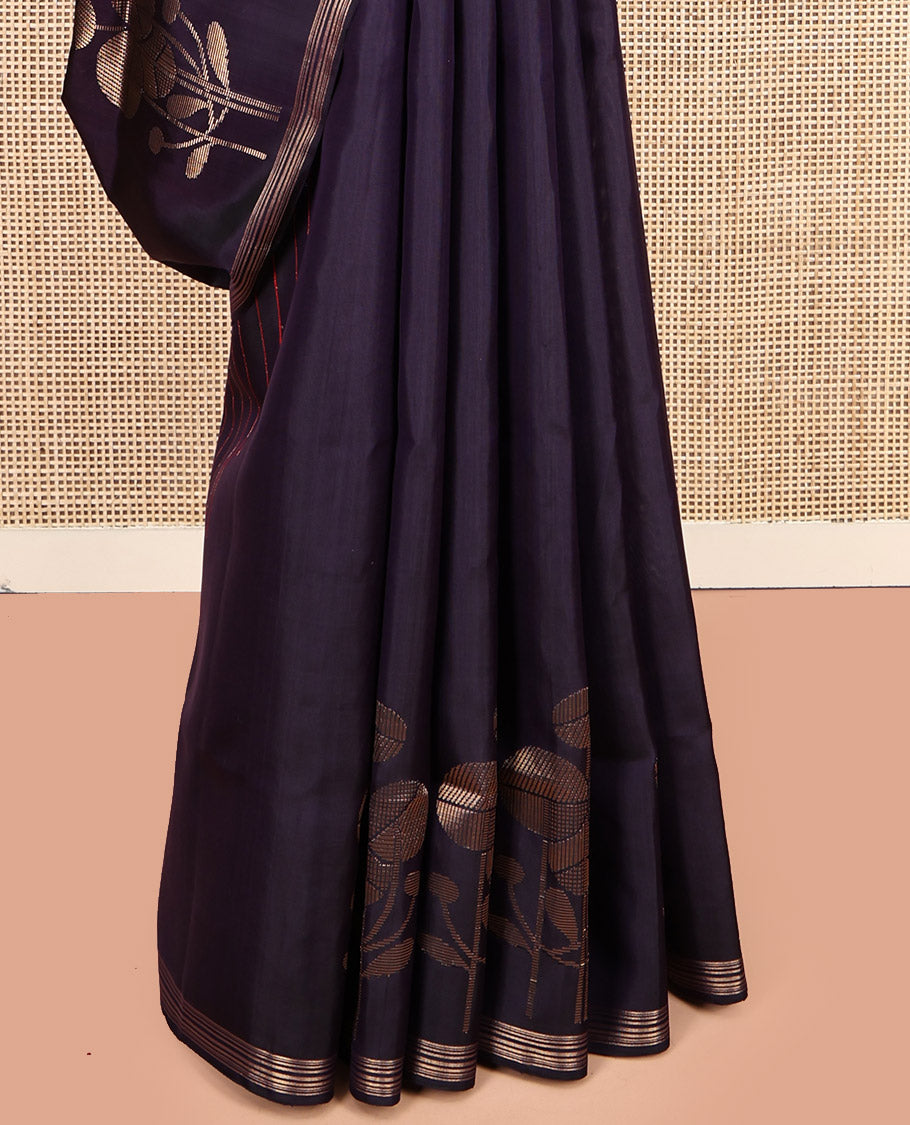 Purple Mayuri Soft Silk Saree, Masterfully Woven with Floral Buttas and Stripes, a Piping Border, Pallu of Floral Designs, and a Matching Blouse