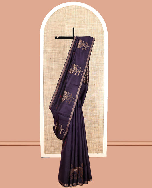 Purple Mayuri Soft Silk Saree, Masterfully Woven with Floral Buttas and Stripes, a Piping Border, Pallu of Floral Designs, and a Matching Blouse