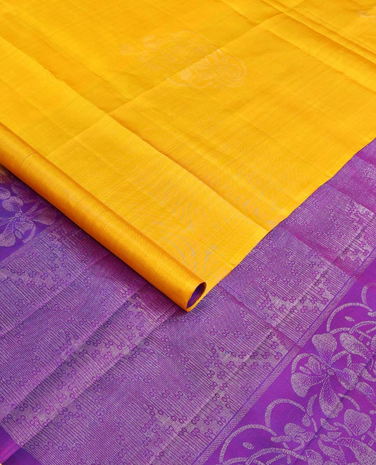 Borderless mango yellow floral buttas woven soft silk saree, contrast pallu of floral and chevron designs