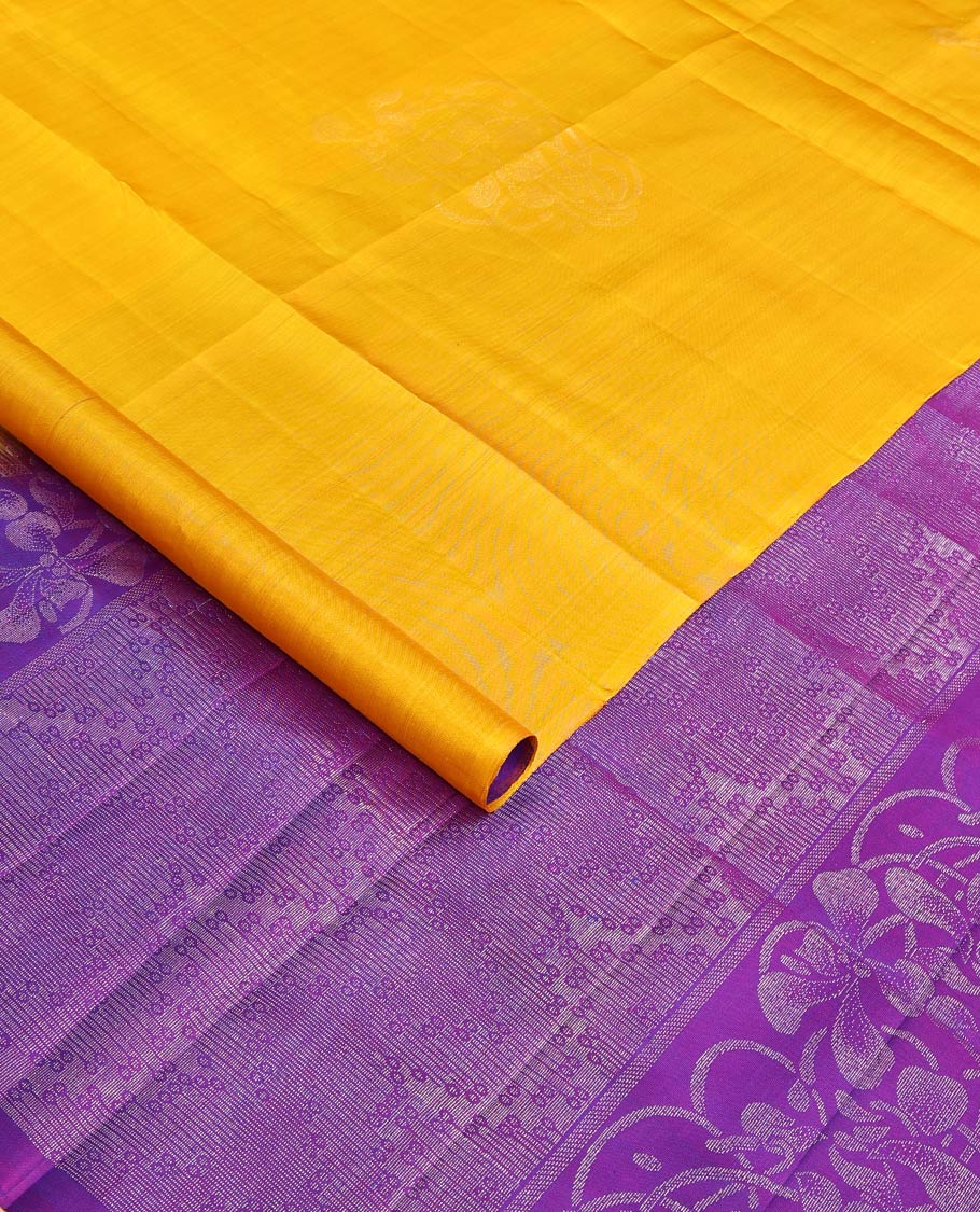 Borderless mango yellow floral buttas woven soft silk saree, contrast pallu of floral and chevron designs
