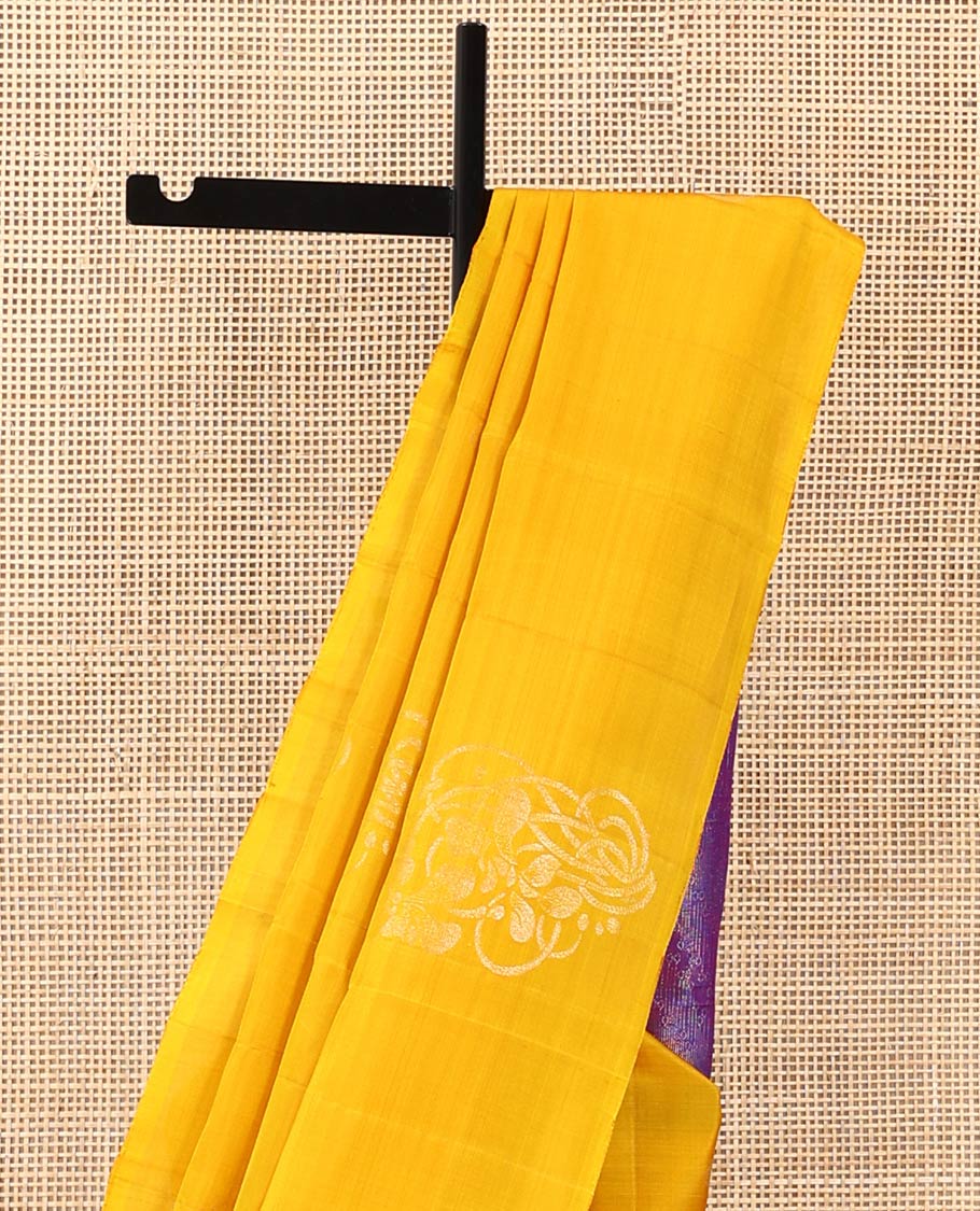 Borderless mango yellow floral buttas woven soft silk saree, contrast pallu of floral and chevron designs