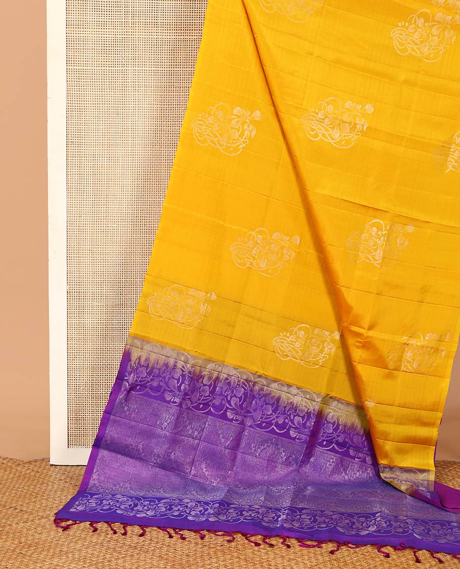 Borderless mango yellow floral buttas woven soft silk saree, contrast pallu of floral and chevron designs