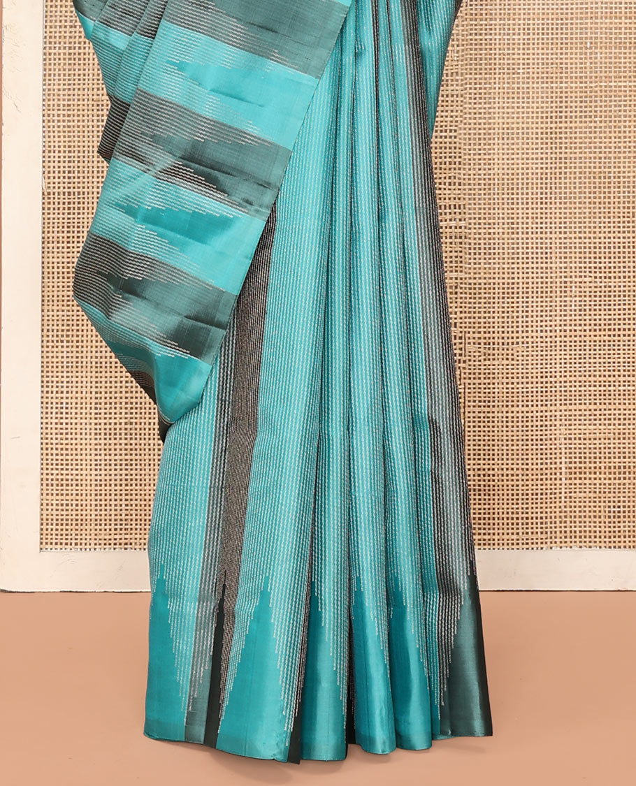 Blue Mayuri Soft Silk Saree, Subtly Sparkled with Thread Stripes All Over Its Body, Thazampoo Rekku Border, Sparsely Woven Pallu of Seppu Rekku Designs, and Paired with a Matching Blouse