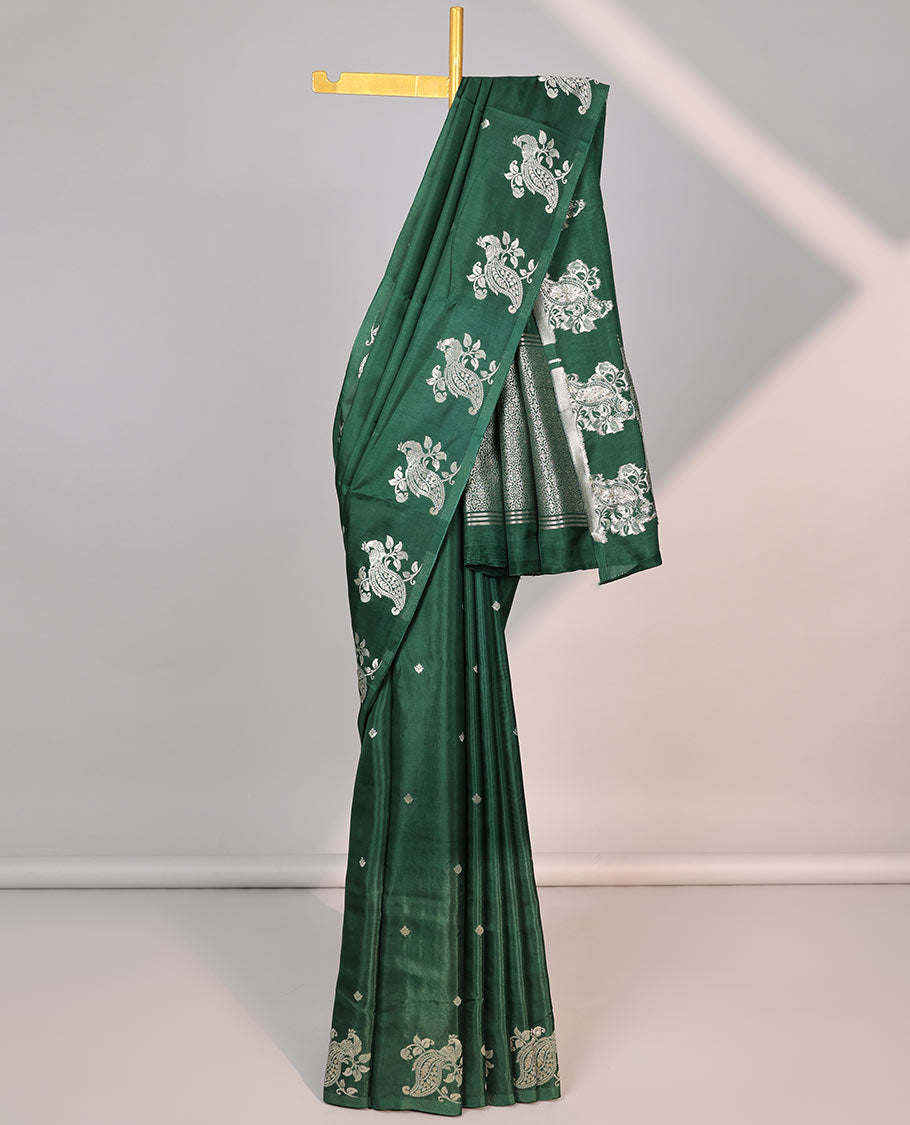Green floral motifs mushrru silk saree with self peacock motifs border & ogee design pallu