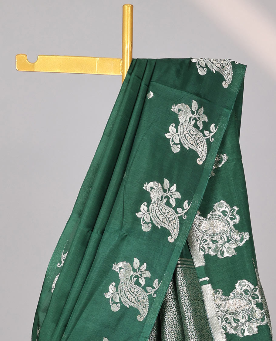 Green floral motifs mushrru silk saree with self peacock motifs border & ogee design pallu