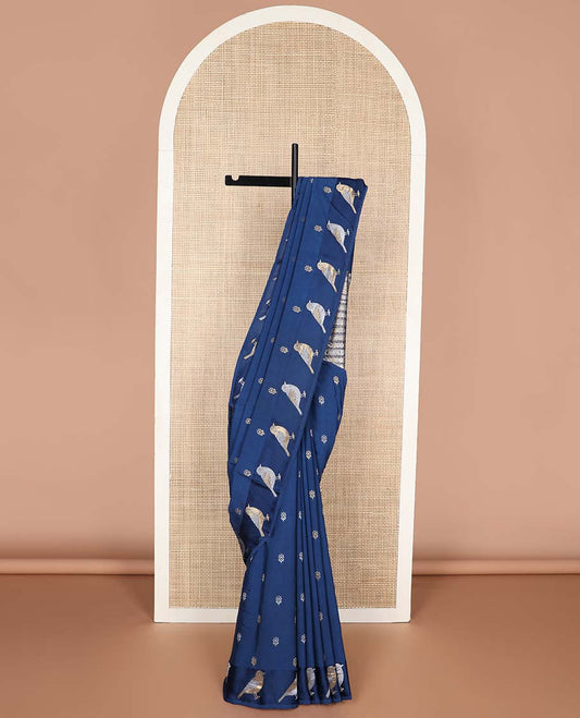 Blue floral motifs mushru silk saree with self bird design border & floral jaal design pallu