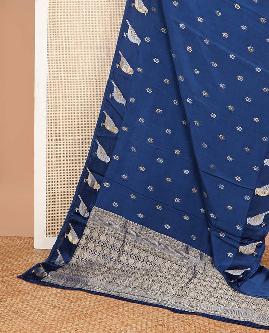 Blue floral motifs mushru silk saree with self bird design border & floral jaal design pallu