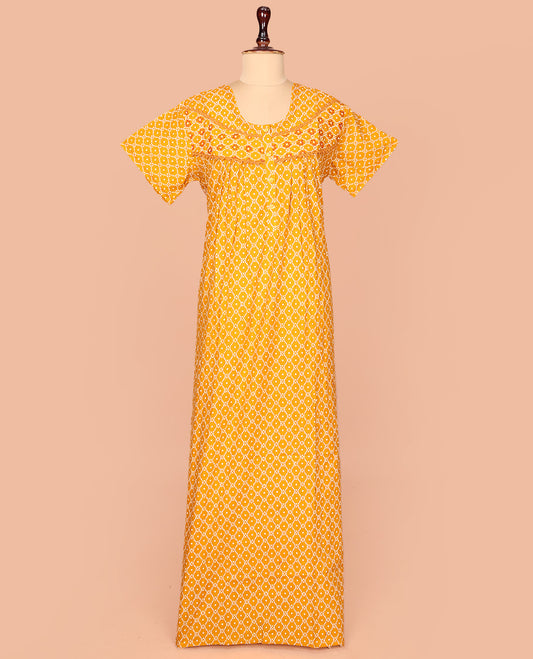Orange Cotton Nighty Decked Up with Ogee Patterns Print, Featuring Lace Work, Round Front Neck, and Half Sleeves