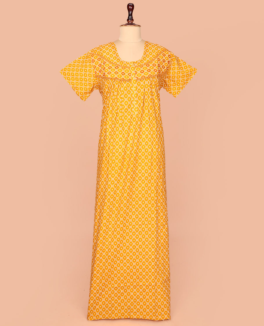 Orange Cotton Nighty Decked Up with Ogee Patterns Print, Featuring Lace Work, Round Front Neck, and Half Sleeves