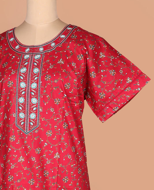 Red floral vine printed with round neck embroidered half-sleeve nighty