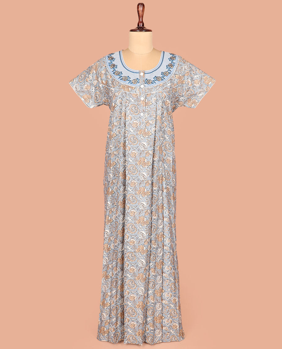 Grey Cotton Nighty Prettified with Floral-Leaf Patterns Print, Featuring Patch Embroidered Neck, Round Front Neck, and Half-Sleeves