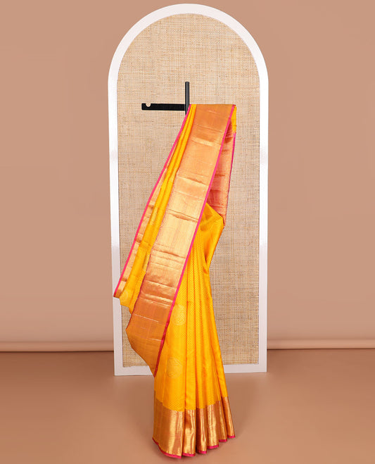 Yellow jaal design silk saree with contrast border of kodi visiry, kathir, banaras design & floral design pallu