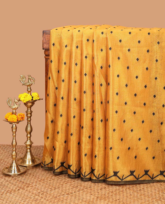 Yellow small butta linen tissue saree with zig zag tample border & rich thread weaving pallu pallu along with butta design blouse