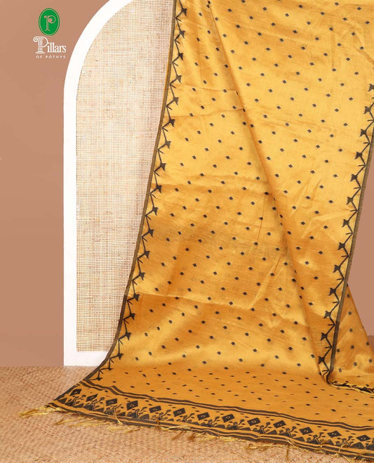 Yellow small butta linen tissue saree with zig zag tample border & rich thread weaving pallu pallu along with butta design blouse