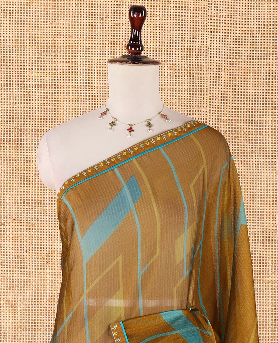 Mehendi green digital print chiffon shimmer saree with lace border & self pallu along with printed blouse