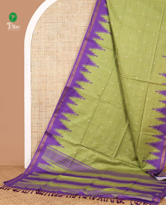 Olive green small butta design kathan silk saree with contrast temple border & striped, temple design pallu along with striped blouse