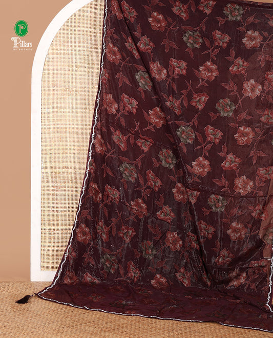 Wine brasso-style floral design luxury georgette saree, Swarovski stonework border & blouse of buttas & Swarovski stonework