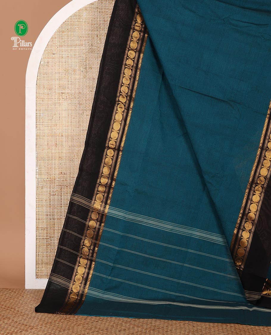 Blue plain Chettinad cotton saree, contrast zari traditional border of thilakam mokku & rudraksham design & striped pallu