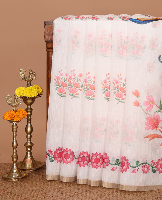 White floral digitally printed linen saree,gold zari piping border & pallu of floral & peacock print,floral printed pallu