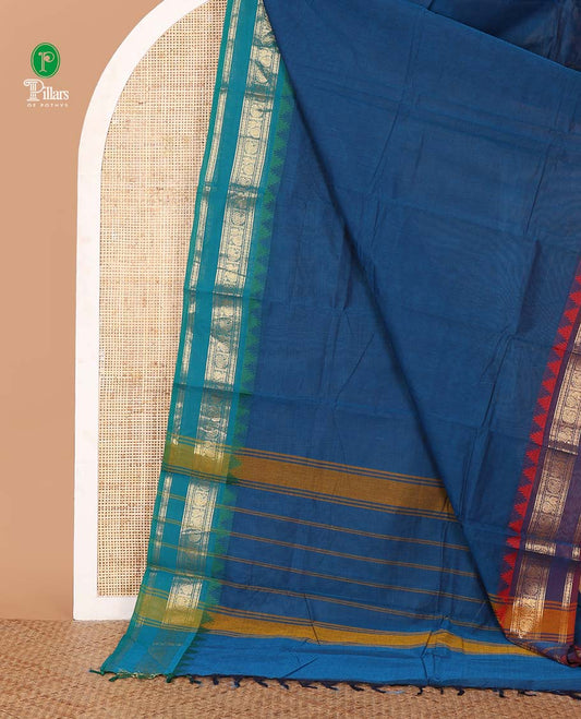 Blue plain Chettinadu cotton saree,contrast rettai rettu traditional zari border,lining seer pallu & matching plain blouse
