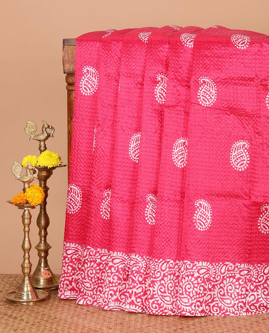 Pink mango motifs batik printed litch crushed saree, mango motif border, pallu of mango & geometric print & small butta print blouse