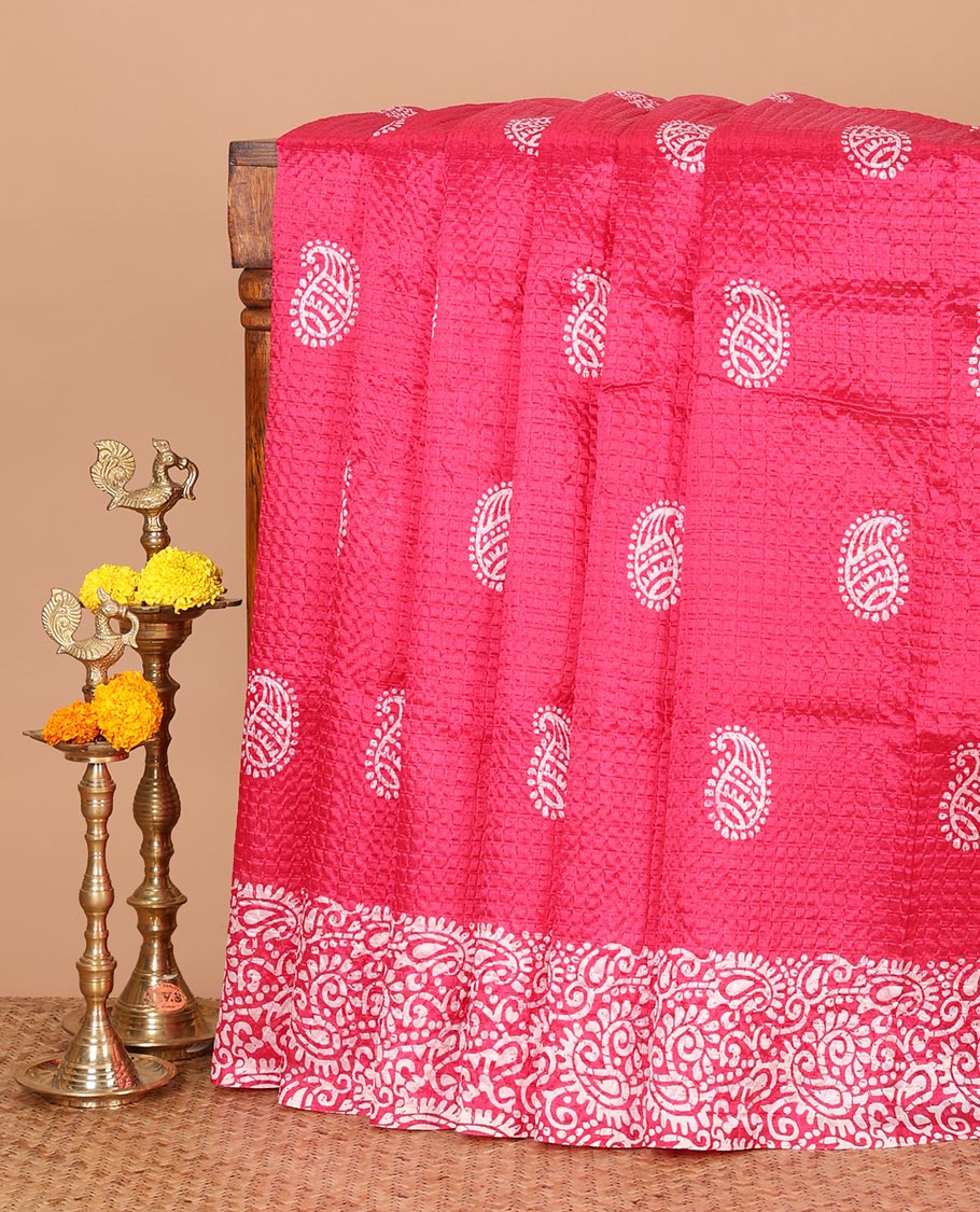 Pink mango motifs batik printed litch crushed saree, mango motif border, pallu of mango & geometric print & small butta print blouse