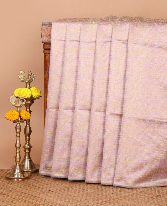 Borderless light onion pink horizontal zari striped semi-raw silk saree, striped pallu & contrast plain blouse