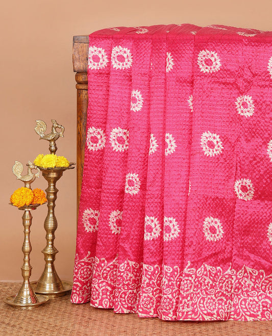 Rani pink batik-floral buttas printed Litchi crushed saree, batik-floral printed border, printed pallu & butta print blouse