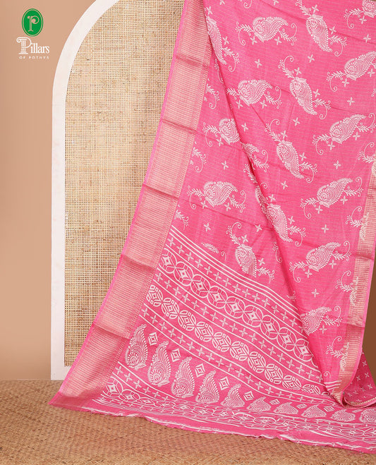 Pink zari stripes & floral motifs printed dola silk saree, traditional zari border, printed pallu & small butta printed blouse