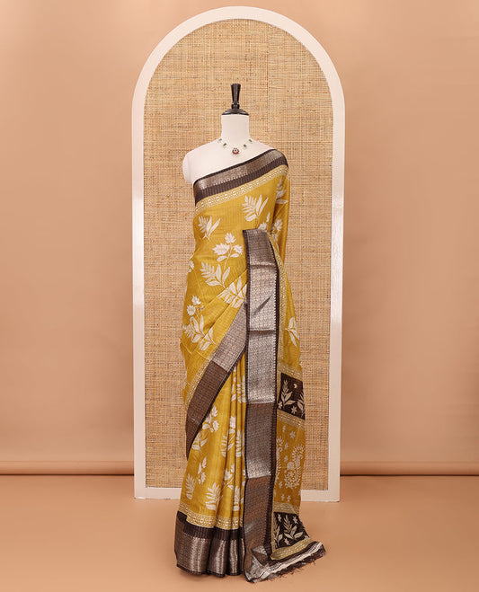 Mustard zari striped & floral printed dola silk saree,contrast zari design border,floral-paisley print pallu, printed-zari-work blouse
