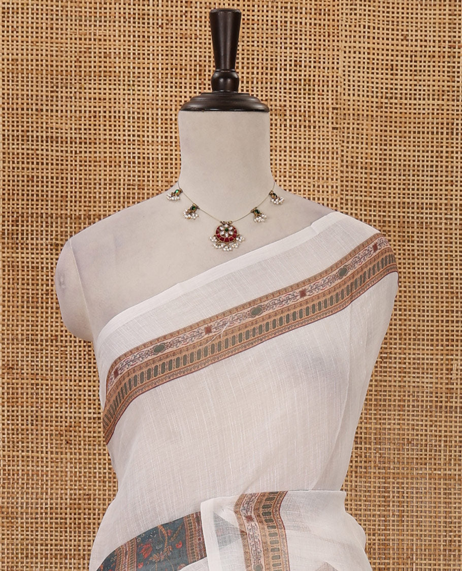 White half-plain & half-printed body linen cotton saree, geometric-patterned border, intricately printed brown pallu & ogee patterns printed blouse