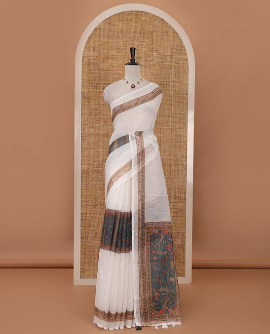 White half-plain & half-printed body linen cotton saree, geometric-patterned border, intricately printed brown pallu & ogee patterns printed blouse