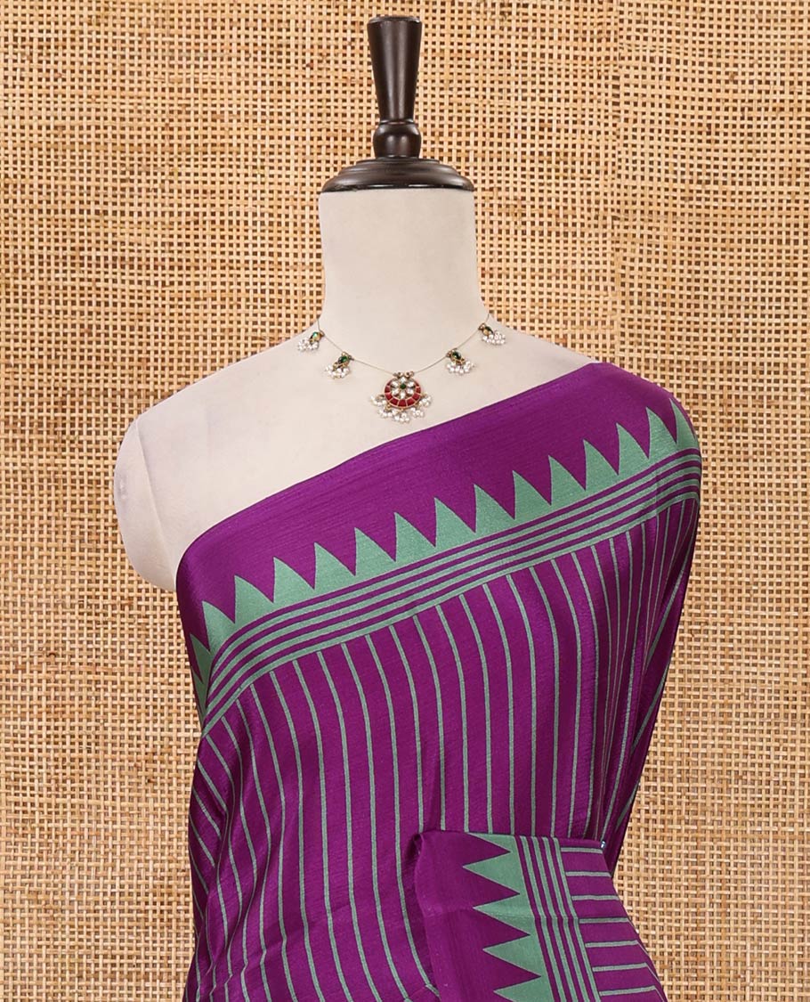 Violet vertical stripes printed Turkey crepe saree, temple printed border, geometric printed pallu & Ajrakh-printed blouse