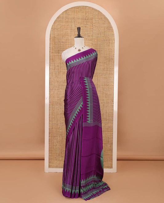 Violet vertical stripes printed Turkey crepe saree, temple printed border, geometric printed pallu & Ajrakh-printed blouse