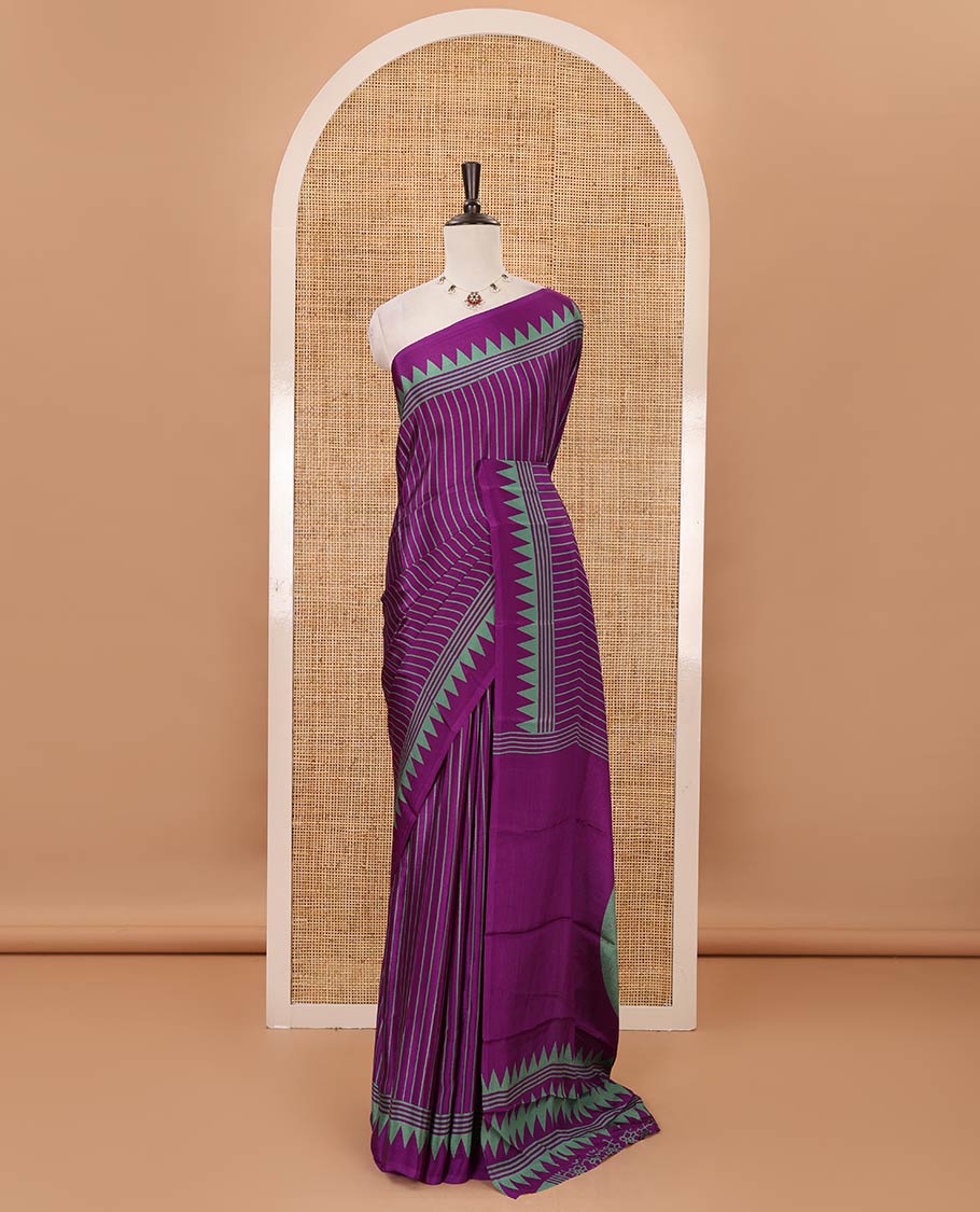 Violet vertical stripes printed Turkey crepe saree, temple printed border, geometric printed pallu & Ajrakh-printed blouse