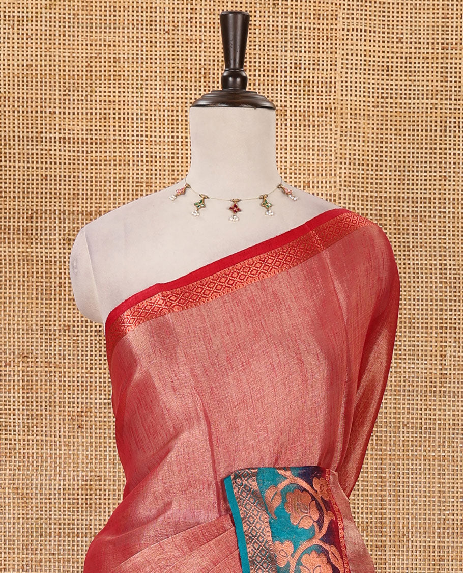 Pink plain tissue saree, contrast floral creeper & diamond patterned zari border, striped pallu & contrast plain blouse