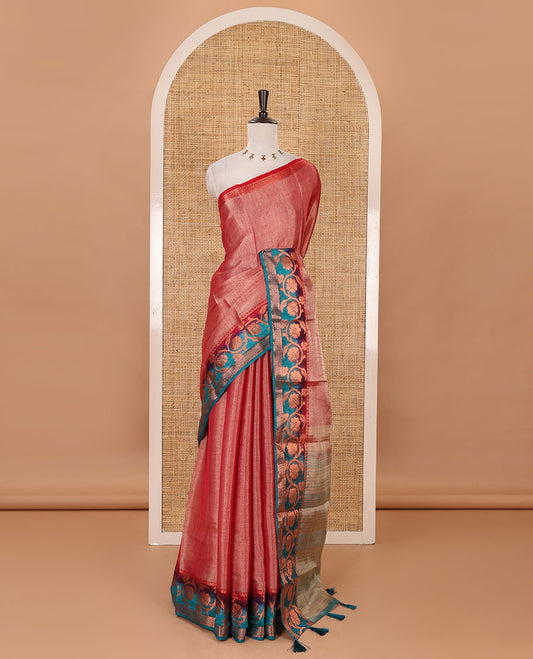 Pink plain tissue saree, contrast floral creeper & diamond patterned zari border, striped pallu & contrast plain blouse