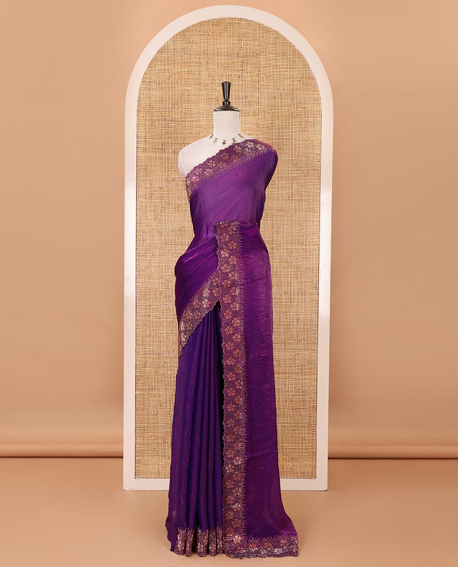 Violet full-plain Fendy satin saree, scallop floral micro-stone embroidered border, self-pallu & contrast stone work blouse