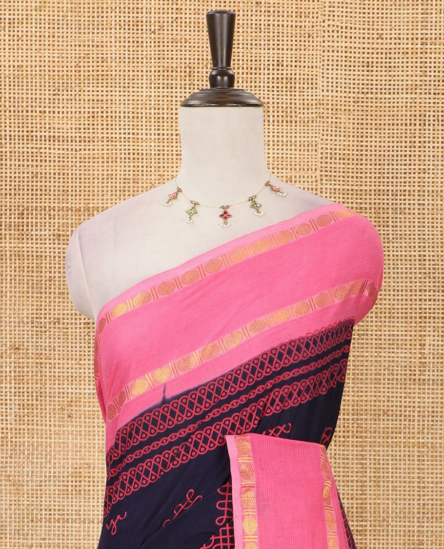 Navy blue kolam motifs printed Sungudi cotton saree, contrast rettai pettu rudraksham motif border, striped pallu & contrast zari checked blouse
