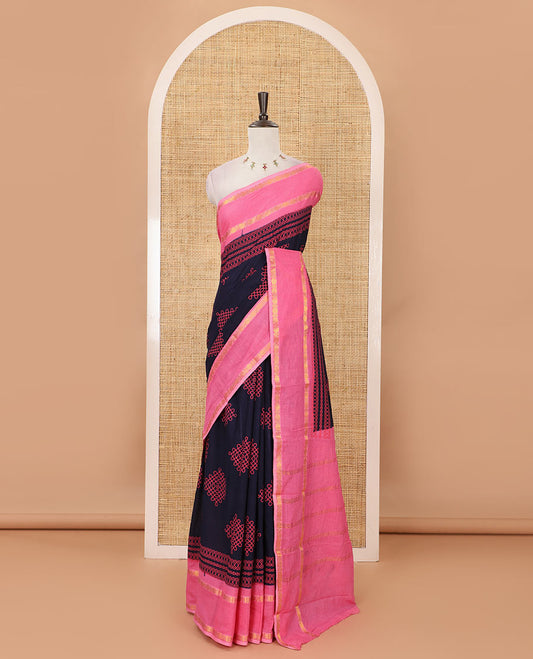 Navy blue kolam motifs printed Sungudi cotton saree, contrast rettai pettu rudraksham motif border, striped pallu & contrast zari checked blouse