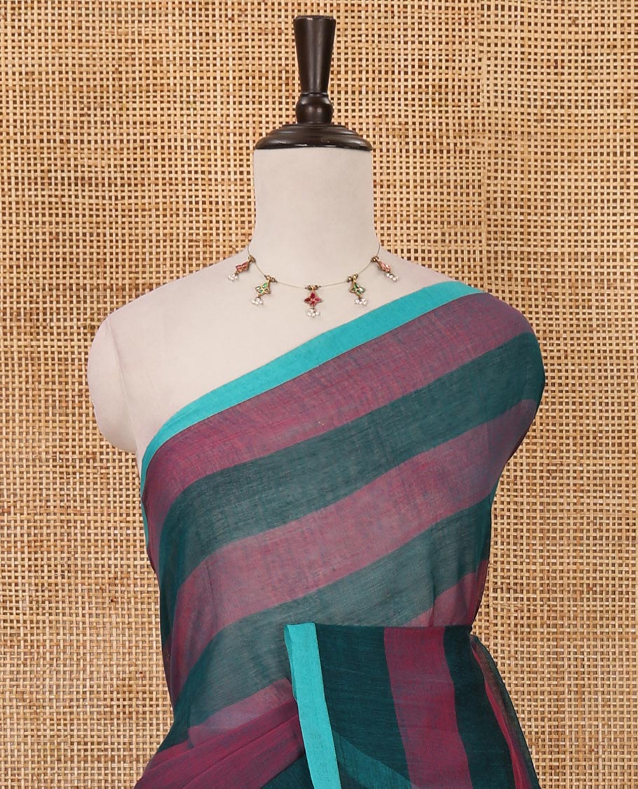 Peacock green horizontal striped khadi cotton saree, contrast piping border & matching horizontal striped blouse