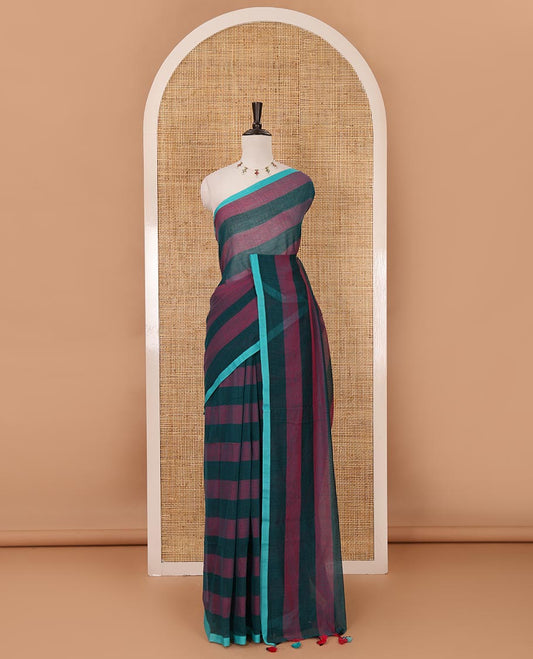 Peacock green horizontal striped khadi cotton saree, contrast piping border & matching horizontal striped blouse