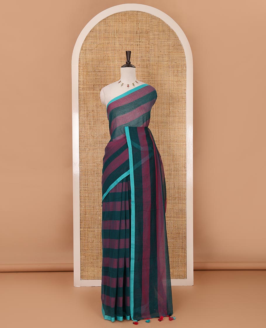 Peacock green horizontal striped khadi cotton saree, contrast piping border & matching horizontal striped blouse