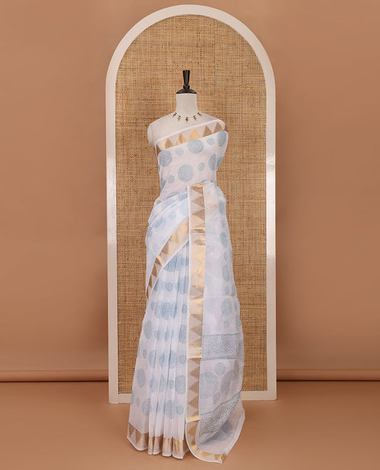 White-blue circular motifs printed mercerised cotton saree, temple zari border, circular motifs printed pallu & matching zari border blouse