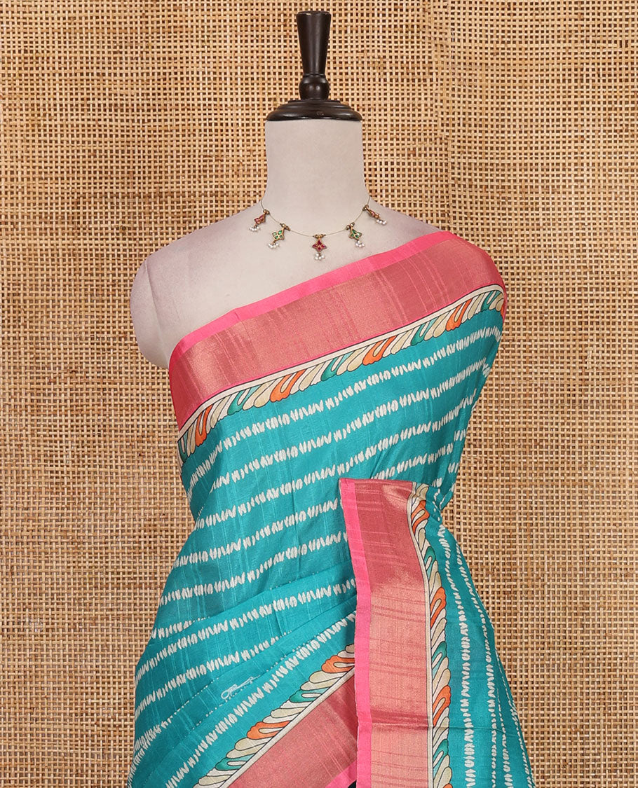 Rama green shibori-style printed soft-tussar saree, contrast zari border, kalamkari peacock printed pallu & kalamkari floral vine print contrast blouse