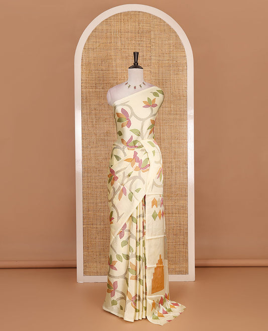 Borderless cream jamdani weaving design gajji silk saree and  jamdani design self pallu along with printed blouse