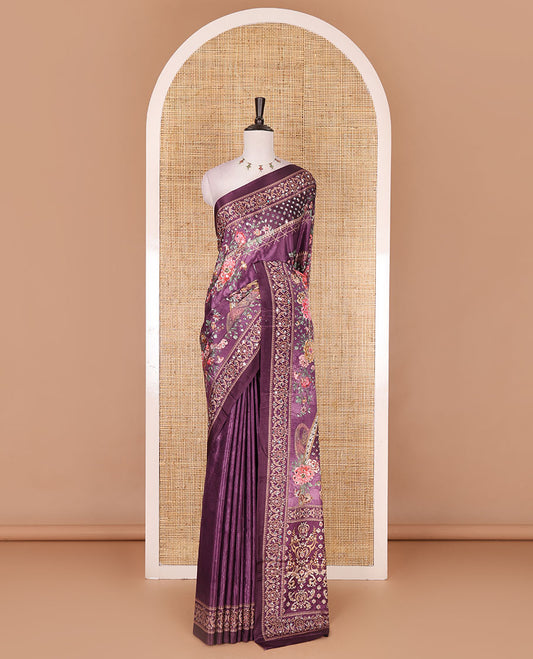 Wine kaleidoscopic colored intricate printed with mirrorwork masakali saree, printed border, print with mirror work pallu, and a matching blouse